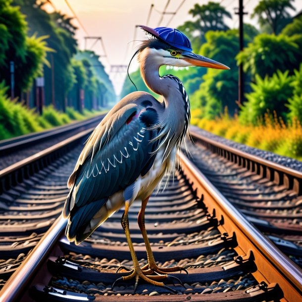 Photo of a heron in a cap on the railway tracks