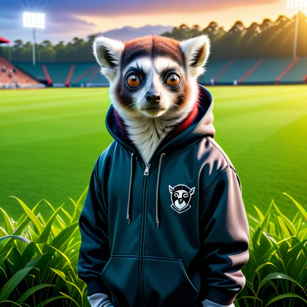 Picture of a lemur in a hoodie on the field