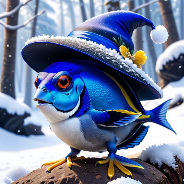 Pic of a blue tang in a hat in the snow