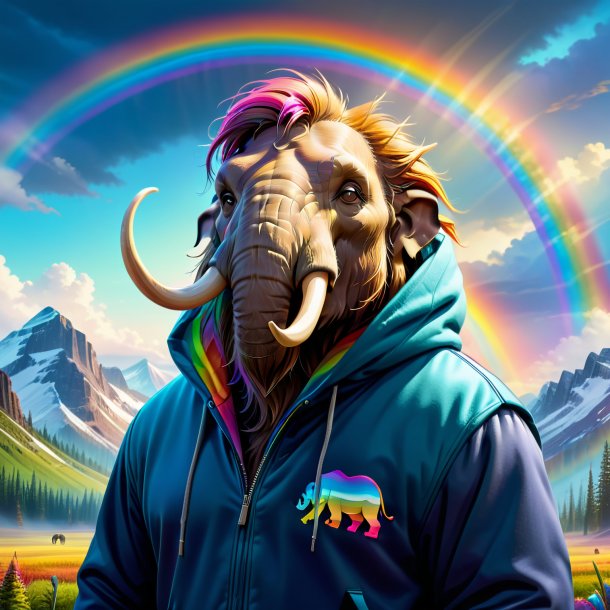 Ilustración de un mamut en una sudadera con capucha en el arco iris