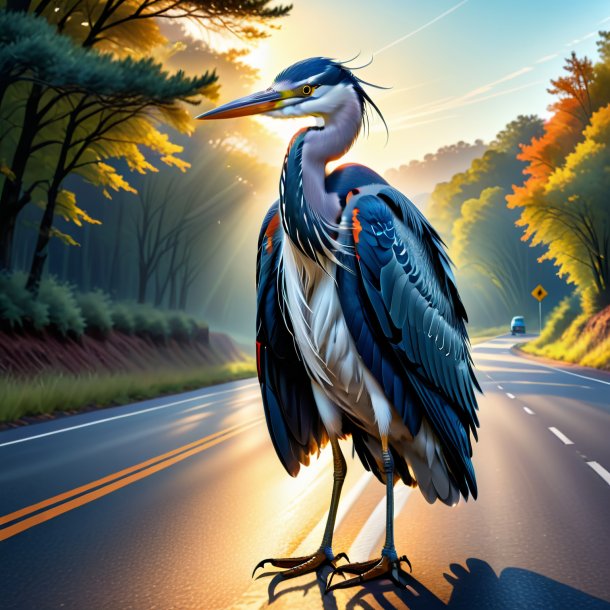 Illustration of a heron in a jacket on the road