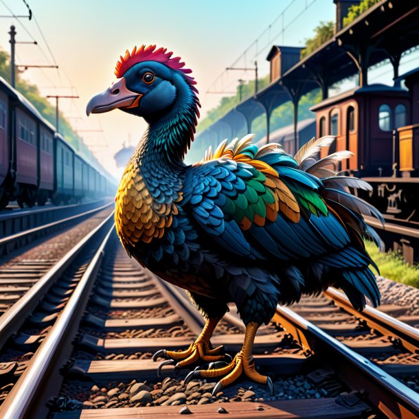 Drawing of a dodo in a gloves on the railway tracks