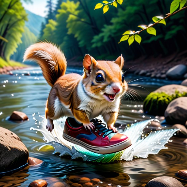 Foto de una ardilla voladora en un zapato en el río