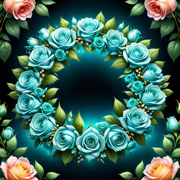 Illustration of a aquamarine wreath of roses