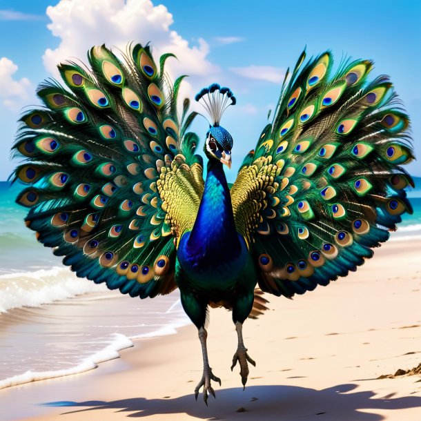 Photo of a jumping of a peacock on the beach