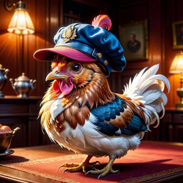 Ilustración de una gallina en una gorra en la casa