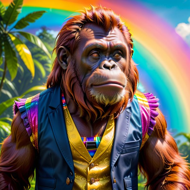 Picture of a orangutan in a vest on the rainbow