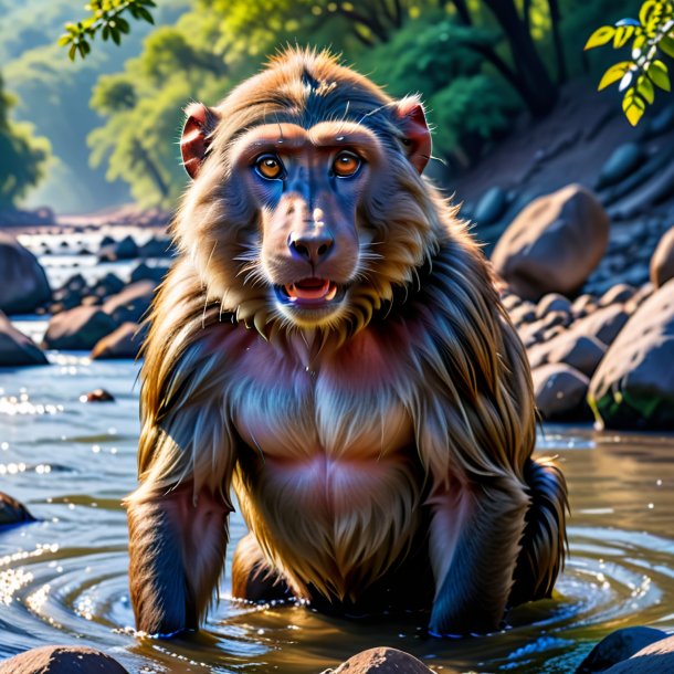 Foto de um babuíno em um cinto no rio