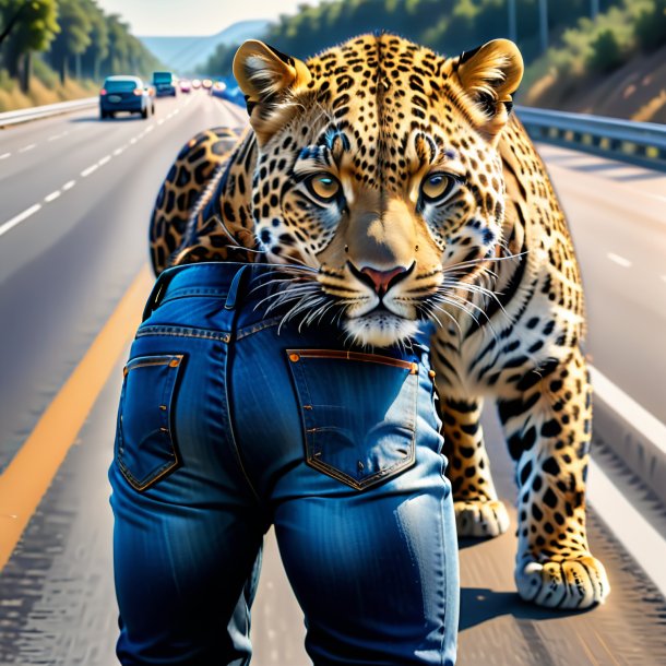 Drawing of a leopard in a jeans on the highway