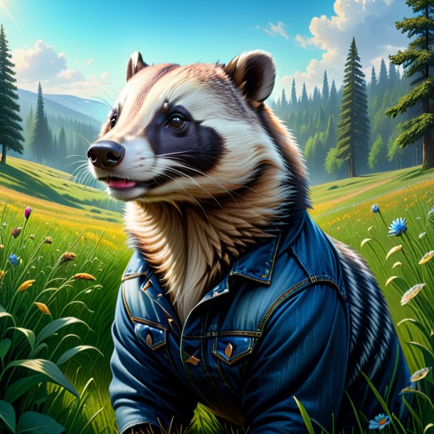 Drawing of a badger in a jeans in the meadow