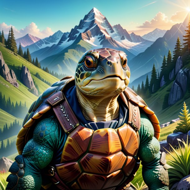 Illustration of a turtle in a vest in the mountains