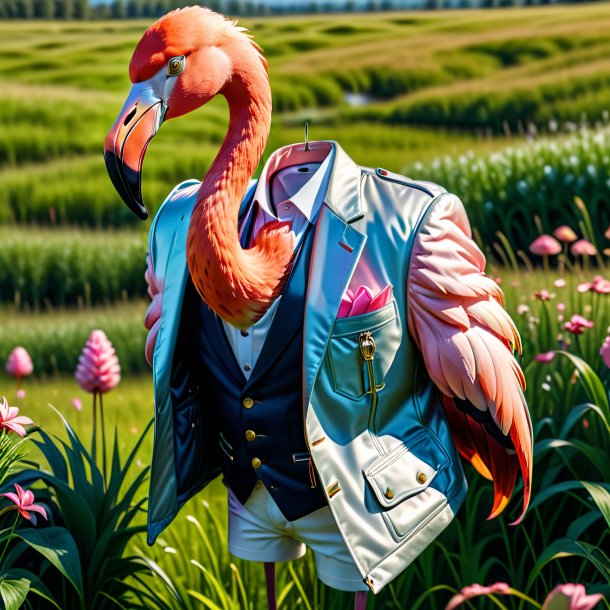 Pic d'un flamant dans une veste dans la prairie