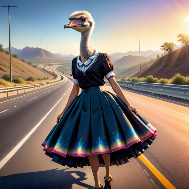 Drawing of a ostrich in a skirt on the highway