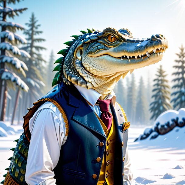 Picture of a crocodile in a vest in the snow