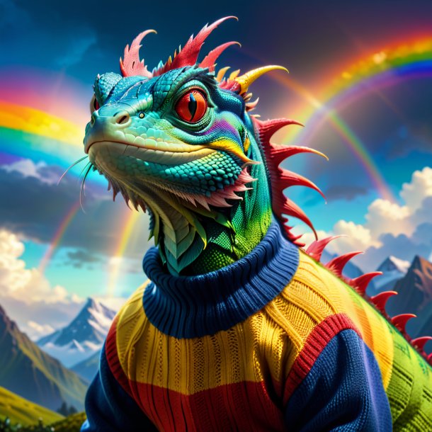 Photo of a basilisk in a sweater on the rainbow