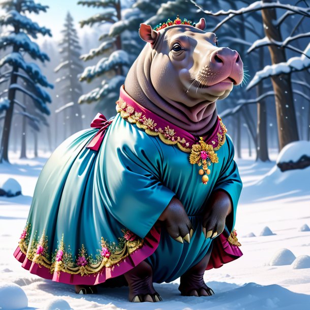 Illustration of a hippopotamus in a dress in the snow