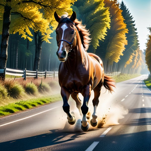 Image d'un saut d'un cheval sur la route