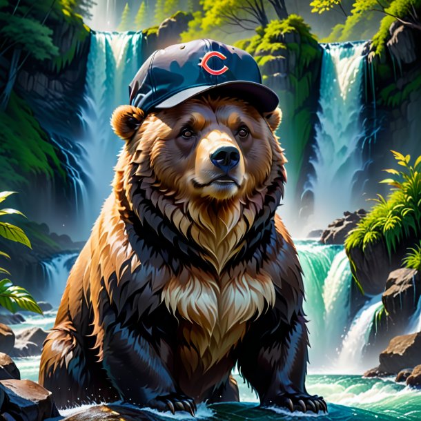 Picture of a bear in a cap in the waterfall