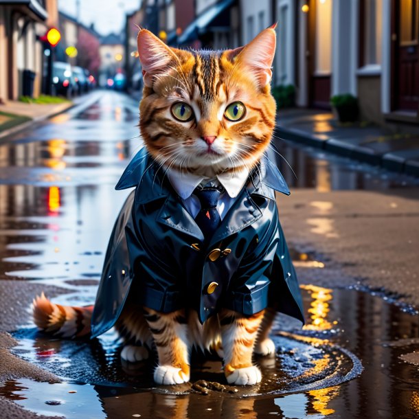 Photo of a cat in a coat in the puddle