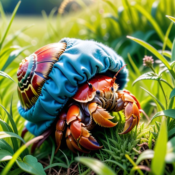 Photo of a hermit crab in a coat in the meadow