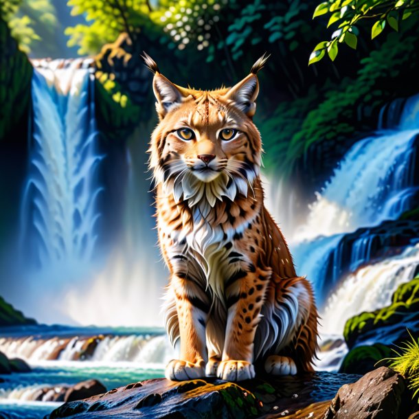 Photo of a lynx in a skirt in the waterfall