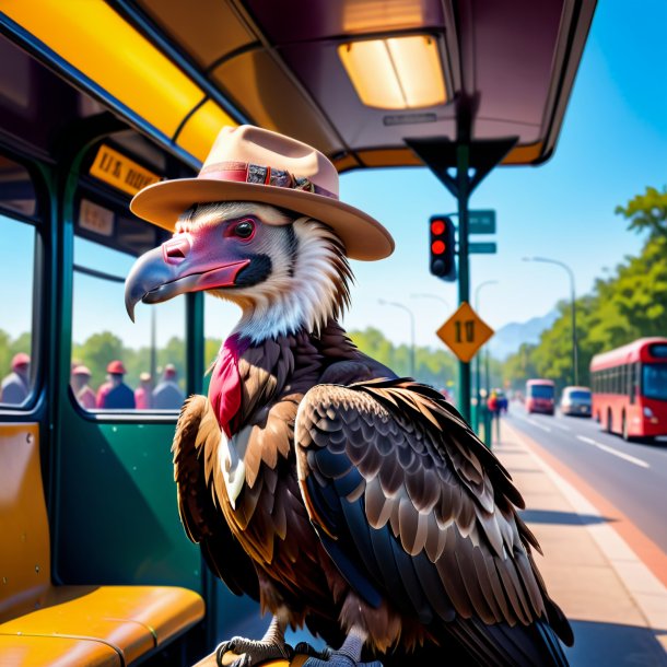 Foto de un buitre en un sombrero en la parada de autobús