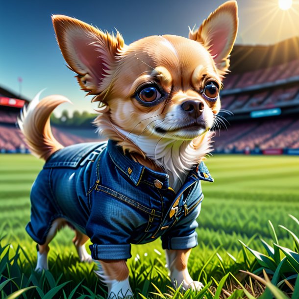 Ilustração de um chihuahua em um jeans no campo