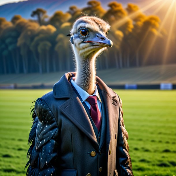 Picture of a ostrich in a coat on the field