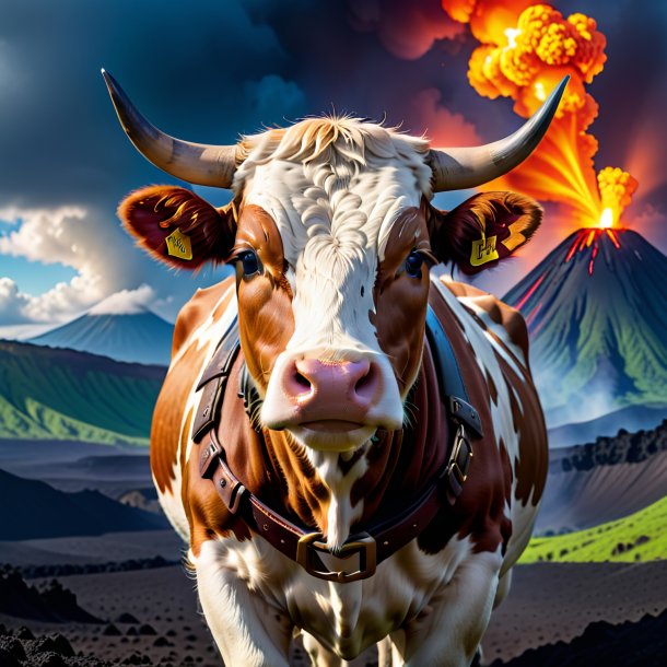 Photo of a cow in a belt in the volcano