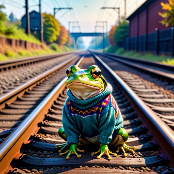 Pic of a frog in a sweater on the railway tracks