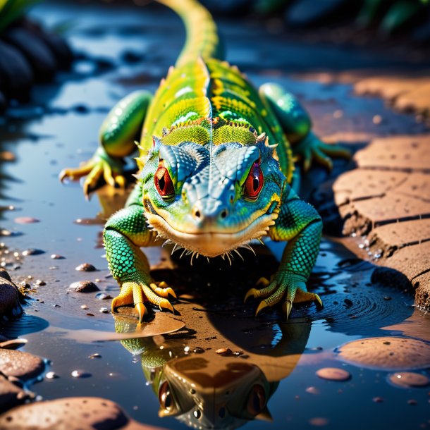 Image of a threatening of a lizard in the puddle