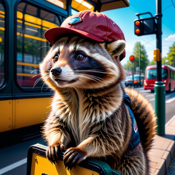 Photo d'un raton laveur dans une casquette sur l'arrêt de bus