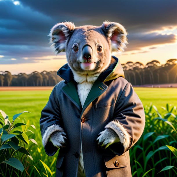 Foto de um coala em um casaco no campo