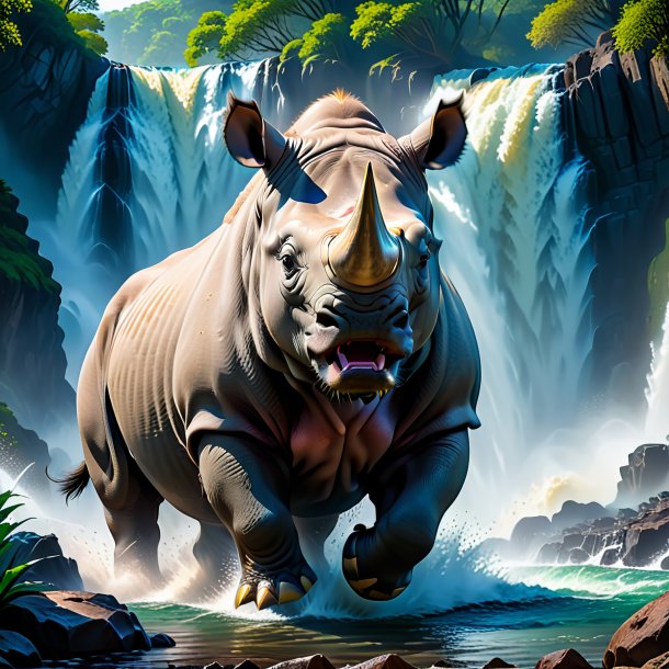 Picture of a angry of a rhinoceros in the waterfall