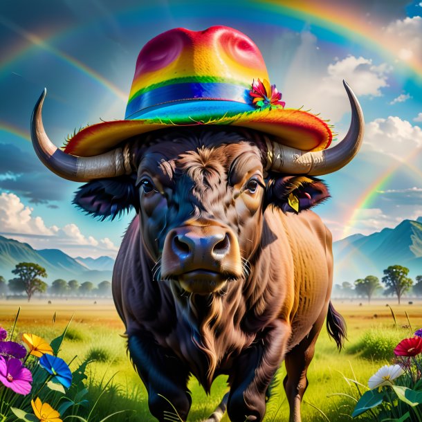 Foto de un búfalo en un sombrero en el arco iris