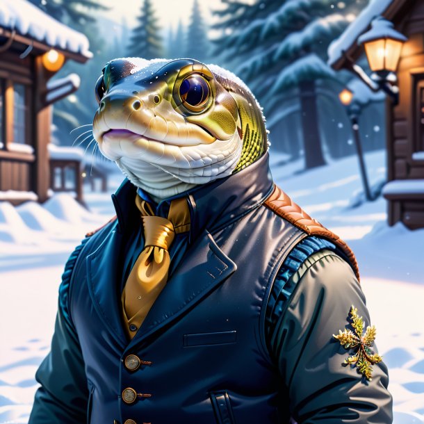 Illustration of a eel in a vest in the snow