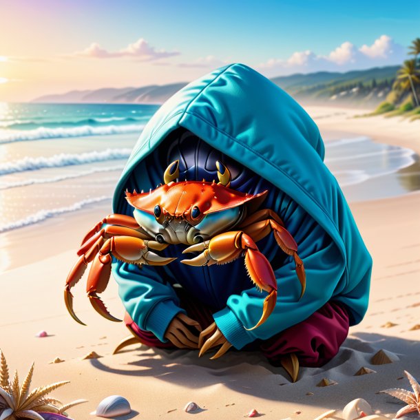 Illustration of a crab in a hoodie on the beach