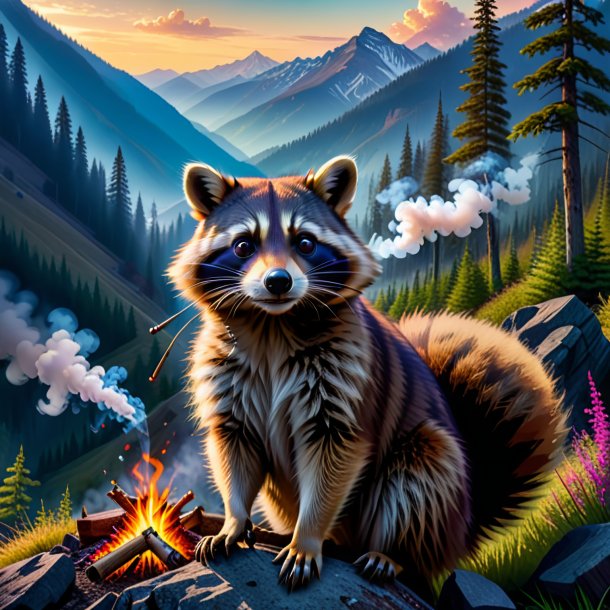 Picture of a smoking of a raccoon in the mountains