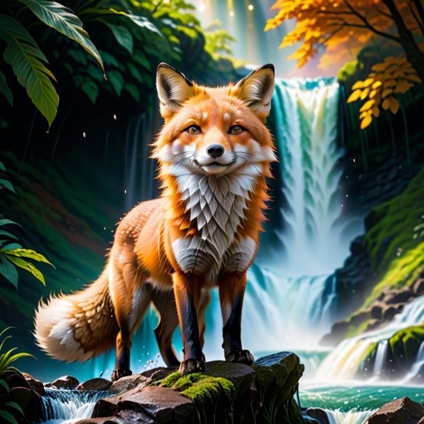 Photo of a fox in a cap in the waterfall