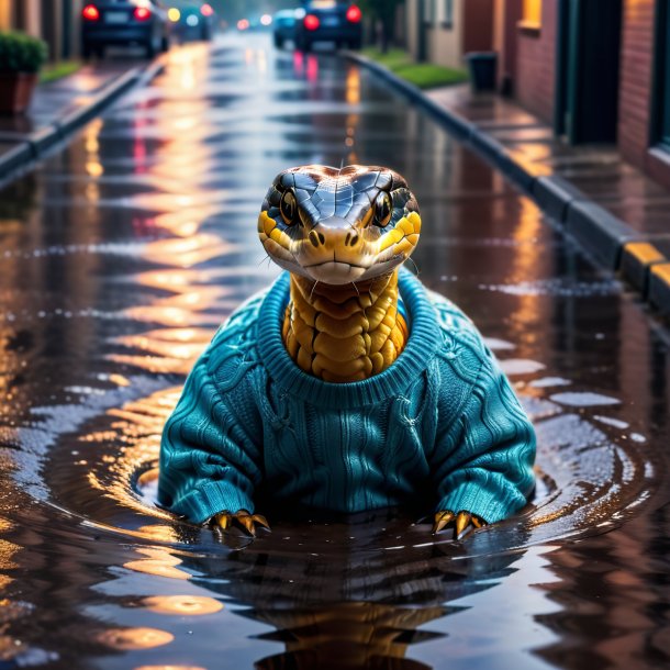 Picture of a cobra in a sweater in the puddle