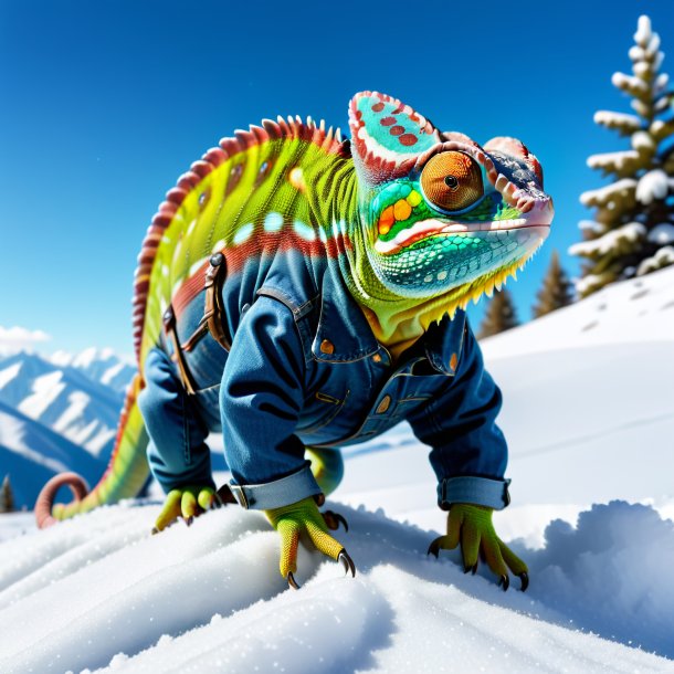 Pic of a chameleon in a jeans in the snow