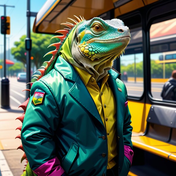 Ilustração de uma iguana em uma jaqueta no ponto de ônibus