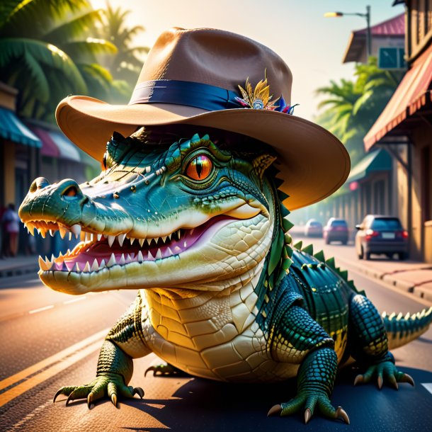 Image of a crocodile in a hat on the road