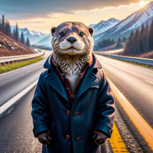 Picture of a otter in a coat on the highway