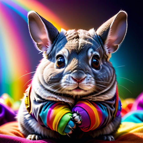 Picture of a chinchillas in a gloves on the rainbow