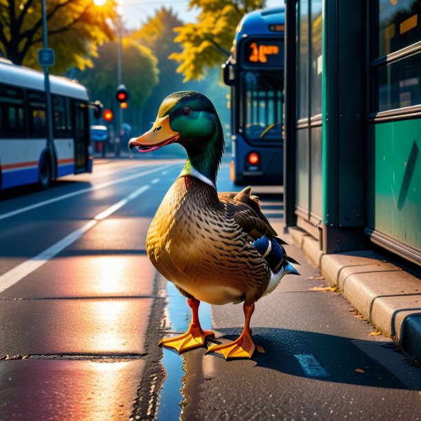 Foto de um pato raivoso no ponto de ônibus