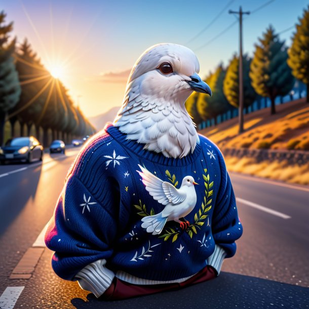 Drawing of a dove in a sweater on the road