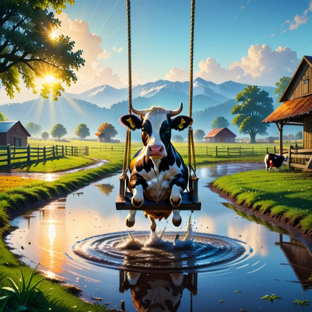 Picture of a swinging on a swing of a cow in the puddle