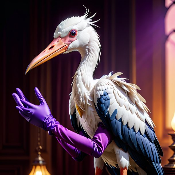 Picture of a stork in a purple gloves