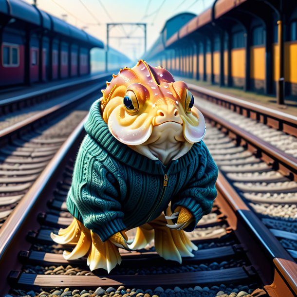 Illustration of a cuttlefish in a sweater on the railway tracks